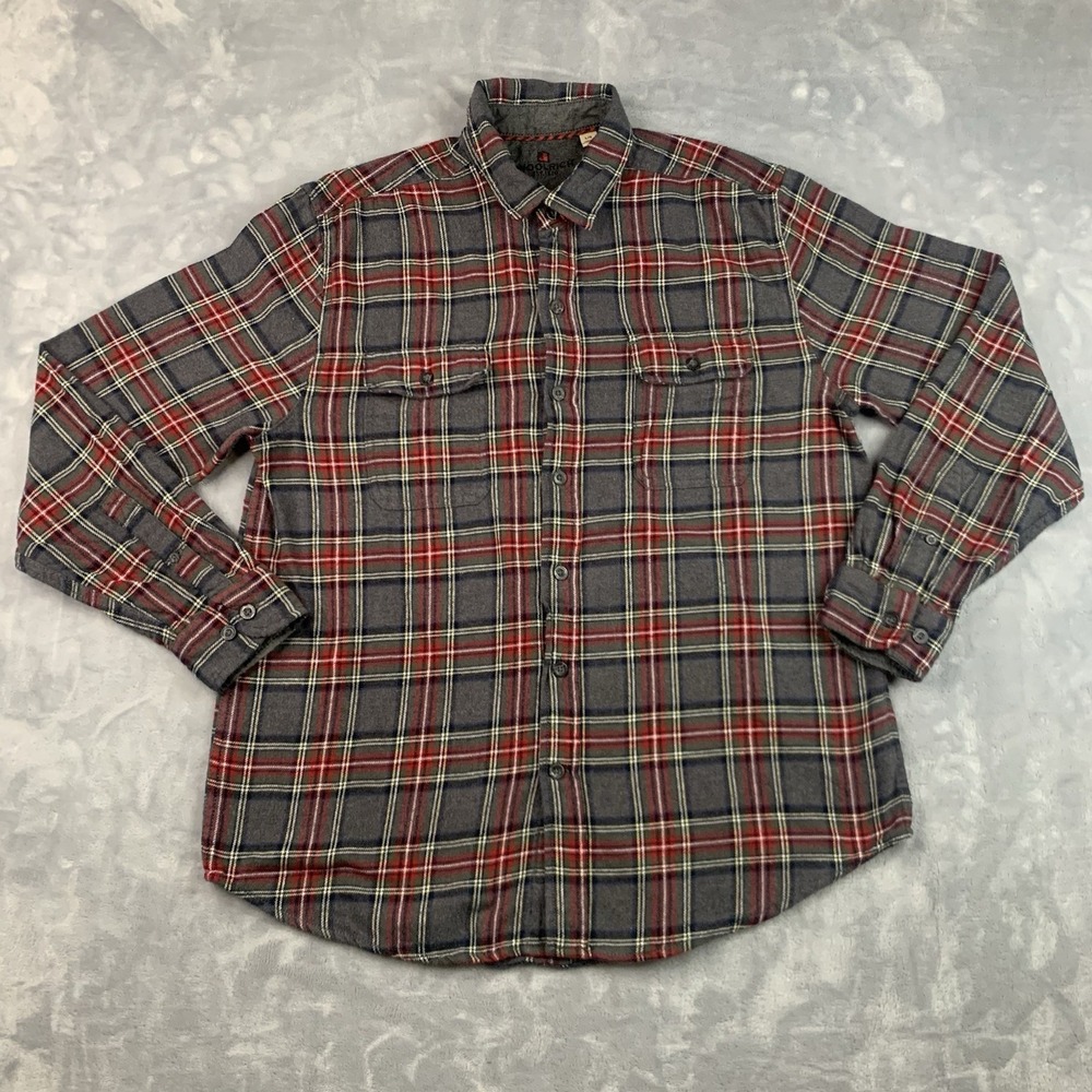 Woolrich Shirt Mens Large Flannel Gray Red Tartan Plaid Button Up‎